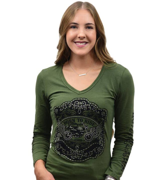 Liberty Wear Longsleeve mit Strasssteine olivegrün